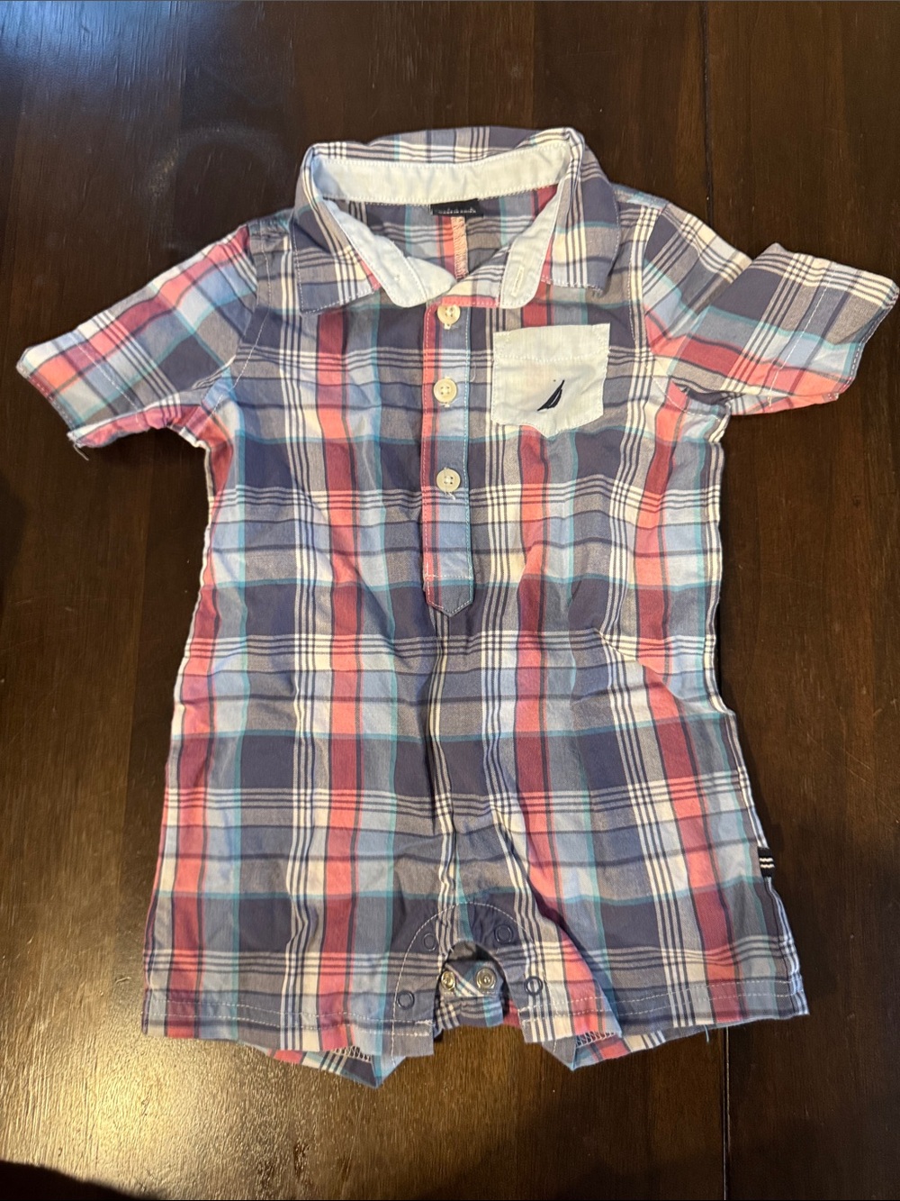 Nautica Blue, Coral and White Plaid Button Romper